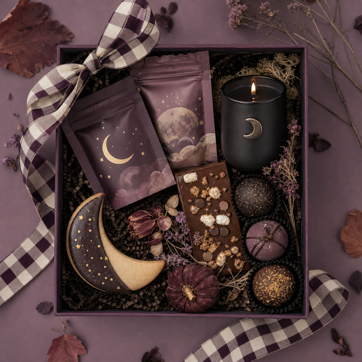 Illustrative arrangement of a Halloween gift box for Midnight Movie Club